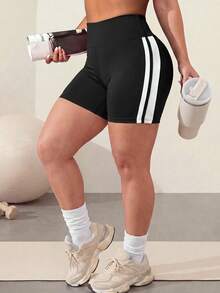 Easithlete Pantaloncini sportivi neri attillati in vita con strisce laterali a contrasto per taglie forti, adatti per uso casual quotidiano, corsa, yoga, palestra, tennis, golf - nero - Visualizzare 1