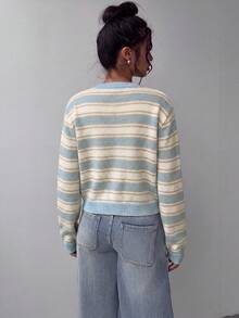 SHEIN BASICS 女款休閒針織開襟衫，條紋設計，適合秋冬/夏季，街頭風，適用於日常通勤、約會、學校教師、派對、婚禮 - 彩色 - 查看 2