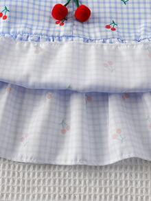 SHEIN Vintaside Kids 女童两件套：无袖格子樱桃印花上衣，饰有3D樱桃图案，搭配宽松阔腿裤，适合休闲、海滩、度假、夏季穿着。 - 藍色 - 查看 7