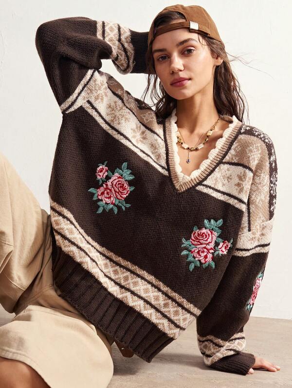 Bohemela Cardigan de punto vintage con jacquard, color contrastante y bordado de rosa