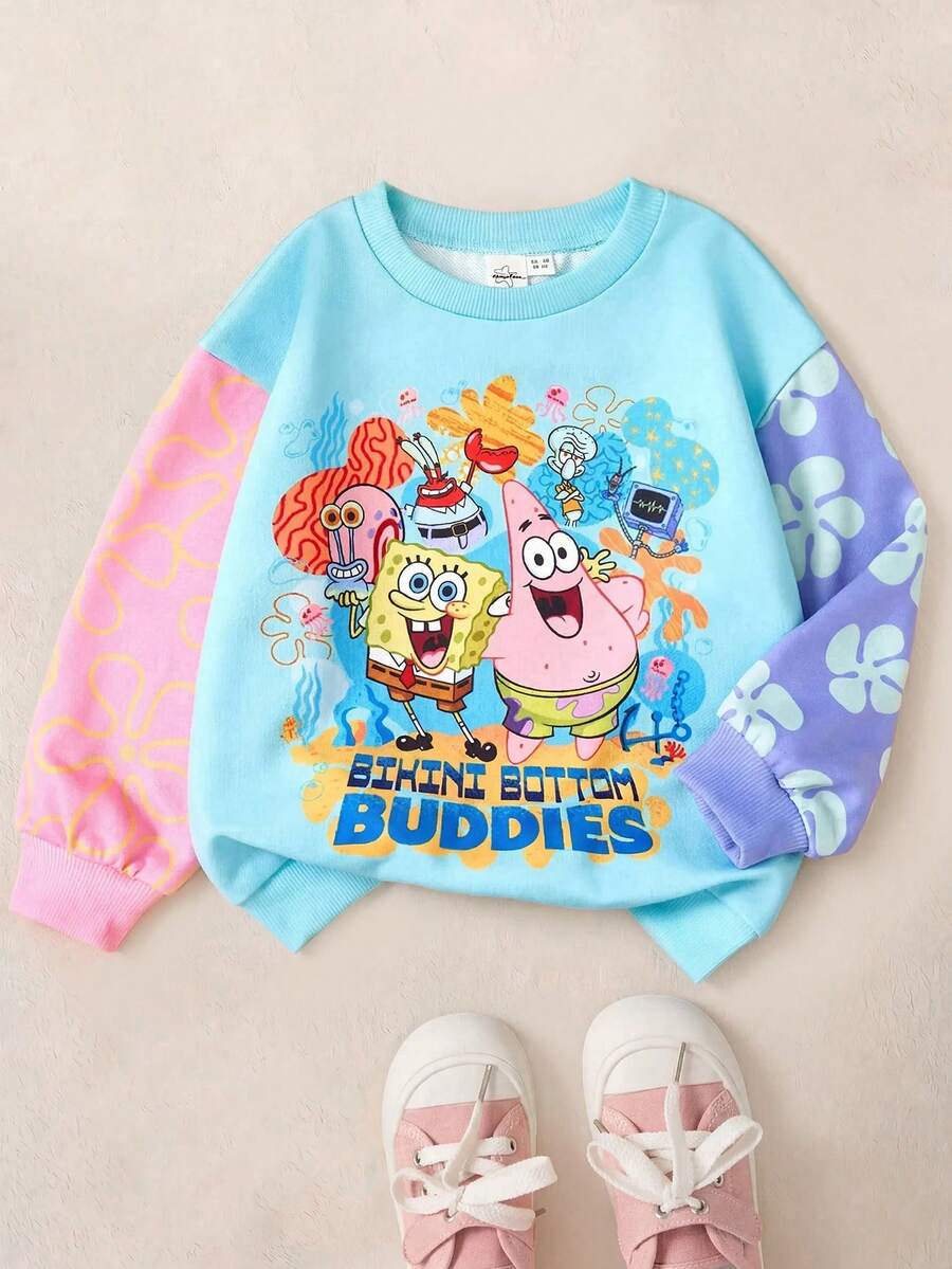 SpongeBob SquarePants | SHEIN Áo nỉ dệt kim dáng rộng cổ tròn tay dài họa tiết hoạt hình cho bé gái, mùa thu/đông - Màu xanh bạc hà - Xem 1
