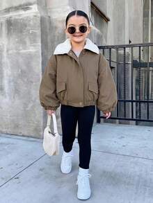 Dazy Kids Loose Fit Contrast Color Lamb Wool Long Sleeve Thick Coat For Young Girls Padded Coat Winter - Army Green - View 9