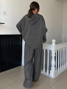 Dazy Tall Setelan Kasual Wanita 2 Potong Terdiri dari Gaun Hoodie dan Celana Longgar untuk Musim Gugur - Grey - View 9