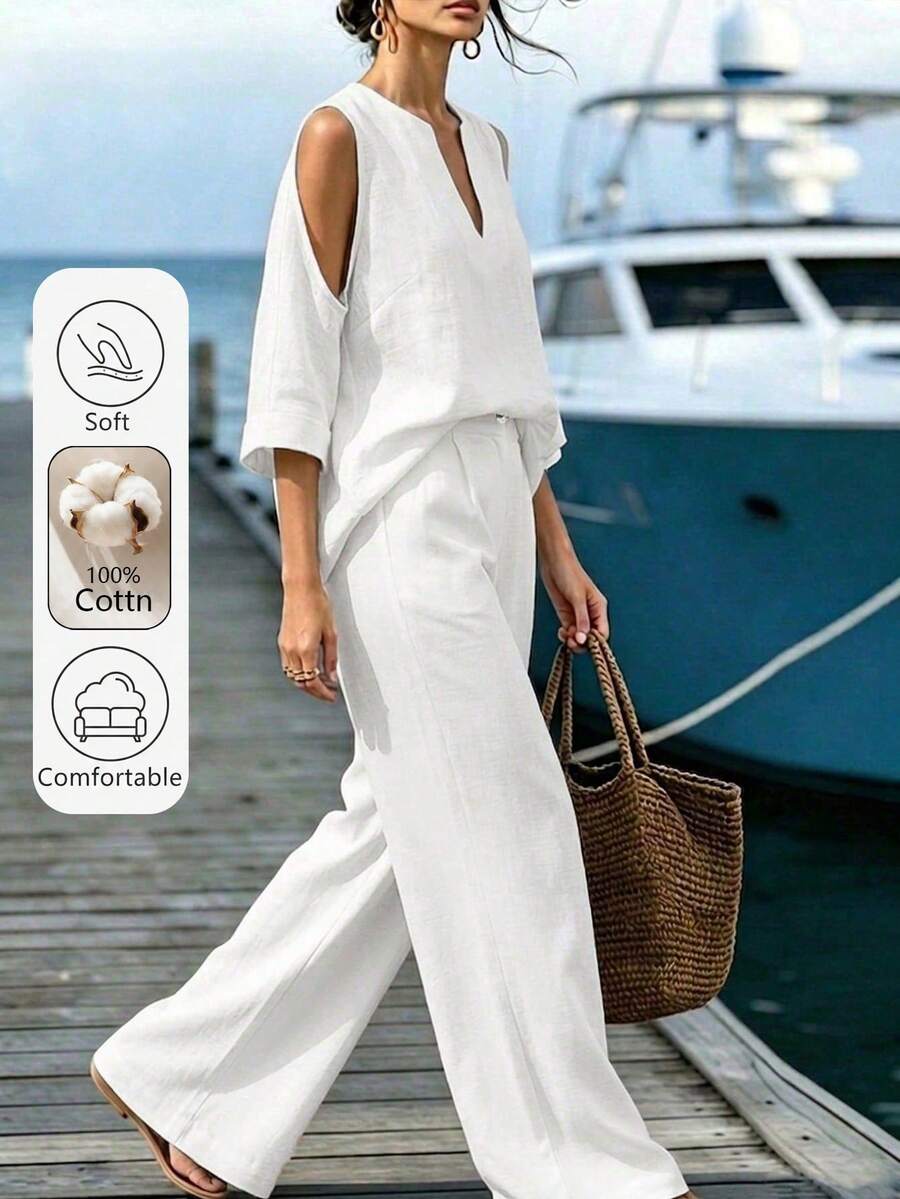 EMERY ROSE Plus Size Simple Cotton Solid Color V-Neck Asymmetrical Sleeve Top And Wide Leg Pants 2-Piece Set Fall - White - View 1