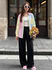 SHEIN 青少年女孩日常通勤溫柔清新優雅春夏櫻花粉輕盈襯衫，百搭百搭細肩帶背心，以及純色直筒寬腿長褲三件套 - 彩色 - 查看 3
