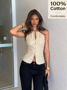 Siren Gaze 100 Cotton Summer Women Chinese-Style Elegant Y2k Vacation Streetwear Vintage Going Out Brunch Casual Frog Button Fitted Halter Neck Daily Top Beige - Apricot - View 8