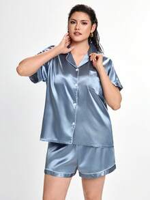Slumbrini 女士优雅纯色短款真丝睡衣套装 - 短袖纽扣领上衣和裤子，柔软缎面睡衣，可机洗，可外穿 - 霧霾藍 - 查看 4