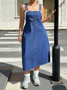 Rivivi Plus Size Women's Casual Everyday Denim Overall Dress With Pockets - Dark Wash - View 6