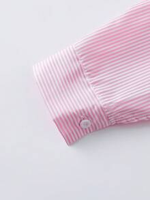SHEIN Elladie kids 女童3件套 粉色直條紋領口長袖襯衫，飾有3D珠飾花卉裝飾，高腰鬆緊寬腿褲，歐美街頭休閒通勤日常穿搭 - 粉色 - 查看 9