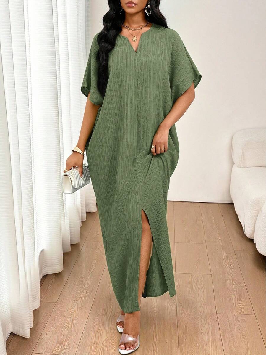 SHEIN Lady 軍綠色春夏工作裝蝙蝠袖開衩洋裝