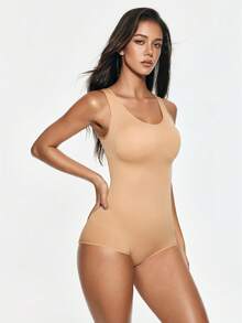 SHAPORA Women's Round Neck Solid Color Button-Down Casual Daily Bodysuit - Khaki - View 5