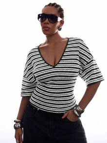 LYSMO Plus Size Women's Striped V-Neck Drop Shoulder Casual T-Shirt - Black and White - View 6