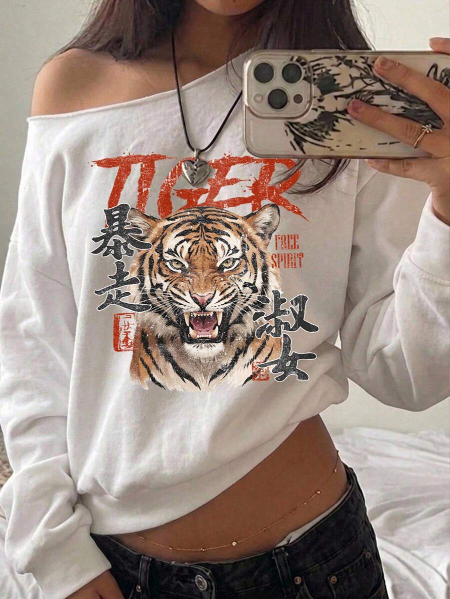 SHEIN EZwear 女款休閒極簡風老虎圖案露肩寬鬆長袖衛衣,適合春季、夏季與初秋 - 白色 - 查看 1