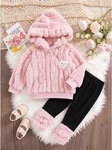 SHEIN Vintaside Kids 2pcs/Set Baby Girl Sweatshirt Set, Autumn Fuzzy Wheat Jacquard Light Pink Black And Pink Long Sleeve Hooded Bow Decor, Long Pants, Family Matching - Pink - View 11