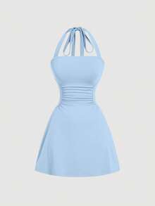 SHEIN MOD 女士浅蓝色挂脖式 A 字形连衣裙 - 淺藍色 - 查看 4