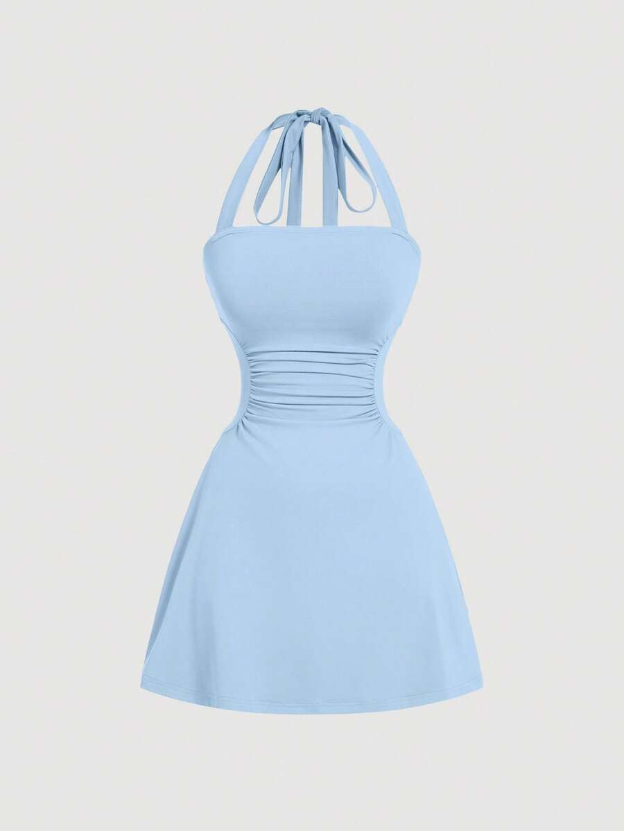 SHEIN MOD Váy chữ A cổ yếm màu xanh nhạt dành cho nữ - Màu xanh nhạt - Xem 1