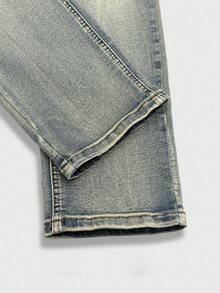 Manfinity EMRG Men's Vintage Washed Blue Distressed Ripped Denim Jeans, Slim Fit Stretch Long Pants - Light Wash - View 8