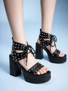 Sugerpunk Women's Thick Sole High Heel Sandals Punk Style Solid Color Lace-Up Open Toe Shoes With Rivet Embellishment For Nightclub Party - Black - View 8