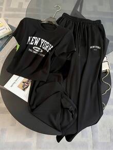 Resyla 夏季時尚休閒，適合日常與運動穿著的女士兩件套，女士黑色 NEWYORK 字母印花圓領短袖 T 恤套裝，BROOKLYN 字母印花 T 恤套裝，優雅舒適設計，休閒外出兩件套 - 黑色 - 查看 3