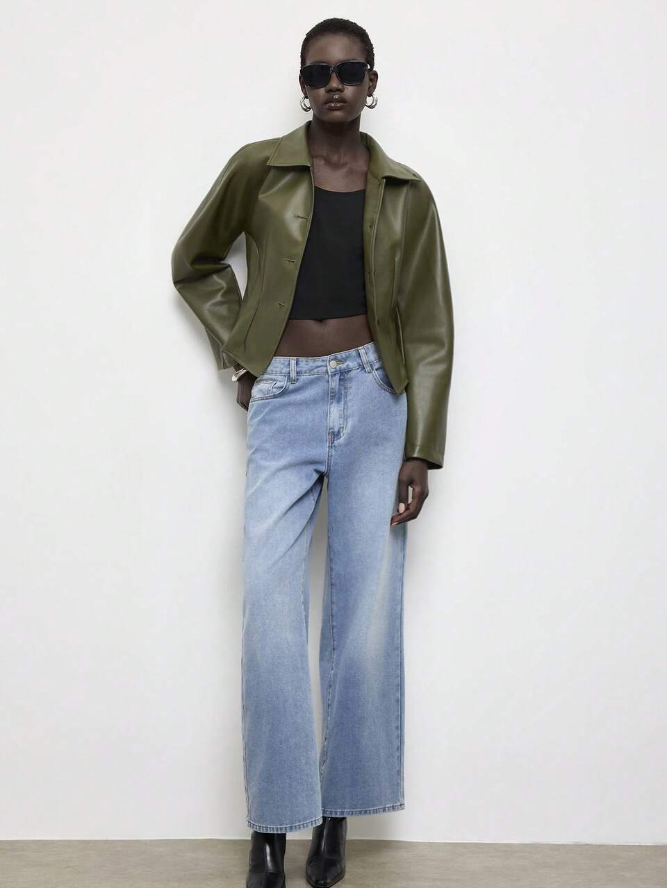 SHEIN Maija Green Women's Autumn/Winter Leather Jacket With Cocoon Sleeves, Urban Modern Style