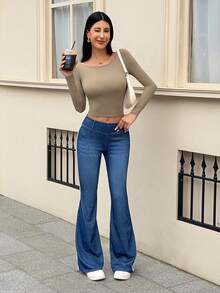 Flexra 女款拼色休閒百搭日常穿著喇叭牛仔褲 - 藍色 - View 6