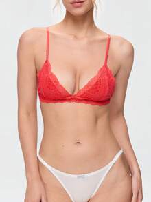 Bonmuse Lencería de novia de temporada navideña, sujetador de triángulo francés para mujer, con encaje floral, suave y sin costuras, sujetador sexy rojo para busto pequeño - Rojo - Ver 5