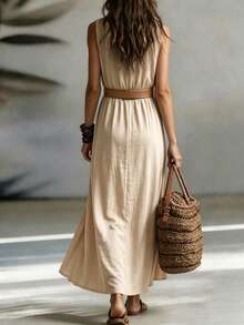 SHEIN Holidaya Women's Spring/Summer Commuter Elegant Tropical V-Neck Sleeveless Waist-Cinching Long Dress, Flattering Shoulder Neckline, Mature Style Beige Beach - Apricot - View 2