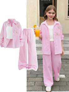 SHEIN Elladie kids 女童3件套 粉色直條紋領口長袖襯衫，飾有3D珠飾花卉裝飾，高腰鬆緊寬腿褲，歐美街頭休閒通勤日常穿搭 - 粉色 - 查看 4