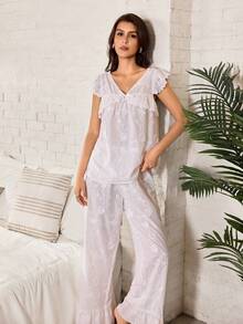 Serenescape Vacation Style Full Embroidery Heavy Craft Design Jacquard Floral Lace Trim Comfortable Tank Top & Long Pants Women's Pajama Set - White - View 6