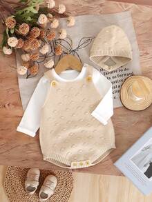 SHEIN Vintaside Kids 女嬰純色休閒百搭日常穿著針織連身衣 - 米色 - 查看 3