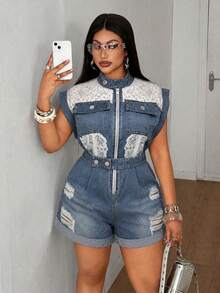 Mawevolt 女款夏季休閒通勤立領斜口袋收腰大尺碼連身褲，日常通勤穿搭、派對聚會穿搭、浪漫優雅度假穿搭 - 藍色 - 查看 5