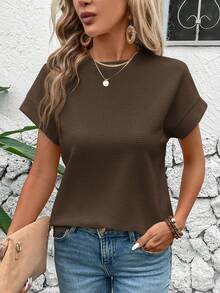 SHEIN LUNE Women's Solid Color Casual Versatile Daily Wear Short Sleeve T-Shirt Travel Dark Brown Summer Travel Vacation Everyday Travel - Coffee Brown - View 4