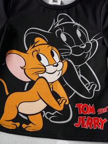 TOM & JERRY X SHEIN 少女卡通印花圓領短袖休閒T恤 - 黑色 - 查看 5