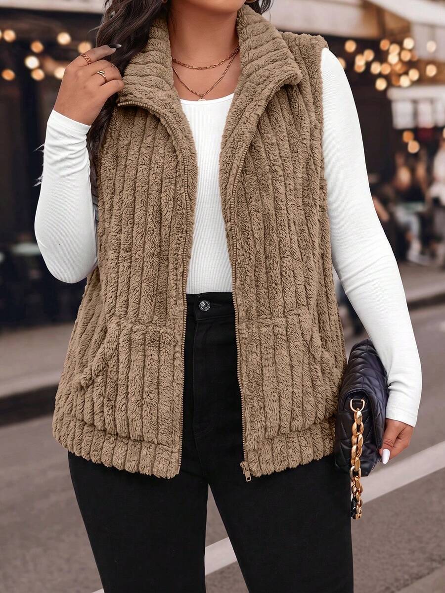 Velvienne Plus Size Minimalist Casual Versatile Women's Faux Fur Coat - Brown - View 1