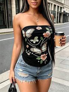 Selianne Summer Gentle Elegant Butterfly Floral Print Bandeau French Vintage Slim Fit Flattering Sleeveless Outerwear Women's Top - Black - View 5