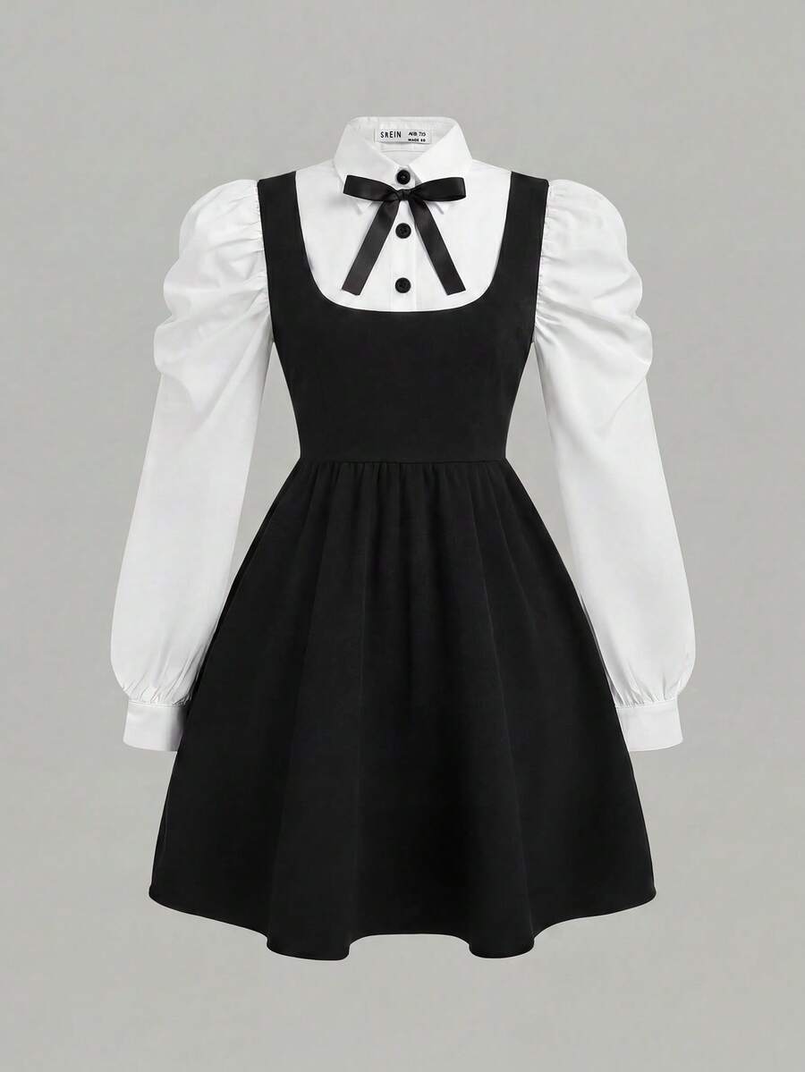 SHEIN Girlism 兒童青少年女孩 2合1 黑色長袖領口連身裙附領結,學院風可愛制服,開學季秋季白色 - 黑與白 - 查看 1