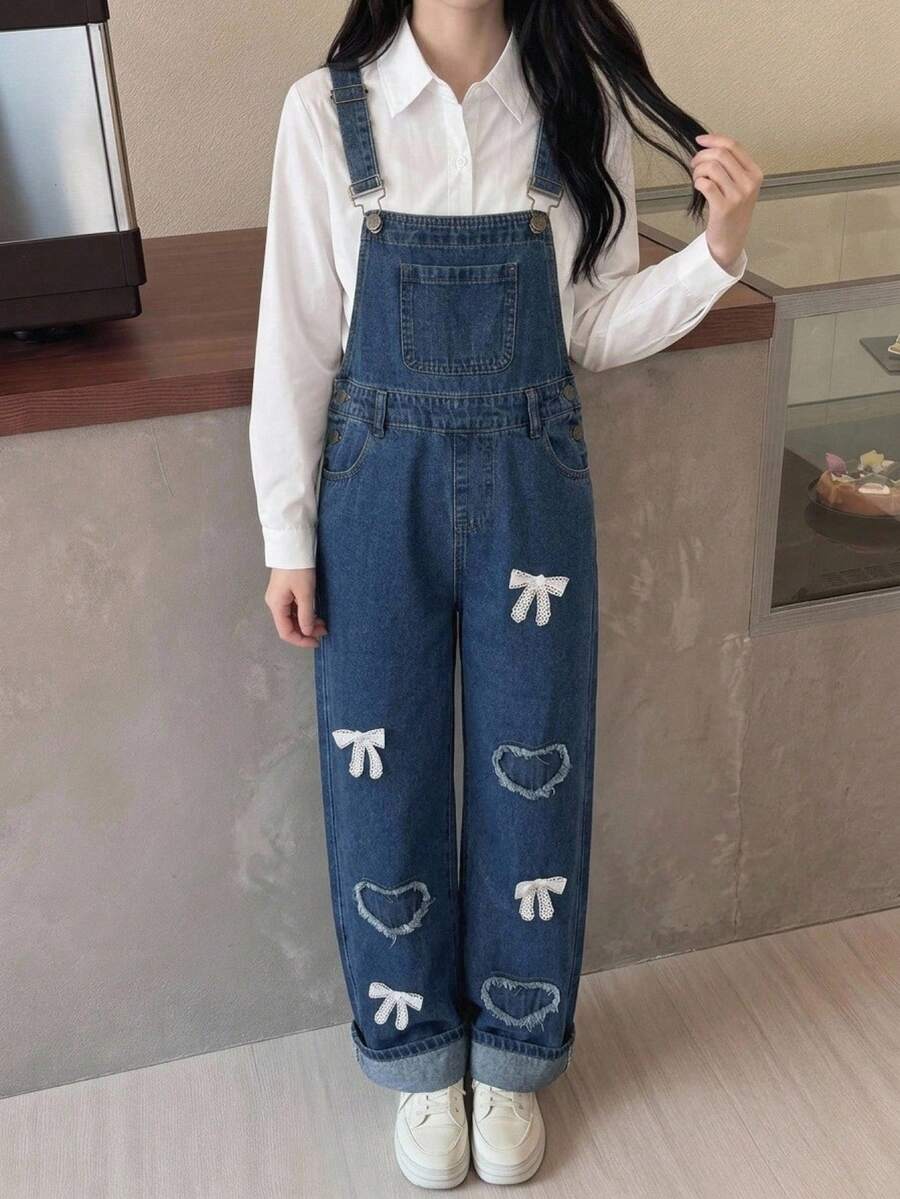 SHEIN Girls' Lace Bow Frayed Heart-Patterned Dark Blue Denim Loose-Fitting Overalls Fall Graduation Y2k - Medium Wash - View 1