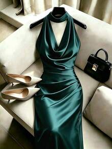 SHEIN Franclia Elegant Solid Color Cowl Neck Backless Halter Dress - Dark Green - View 1