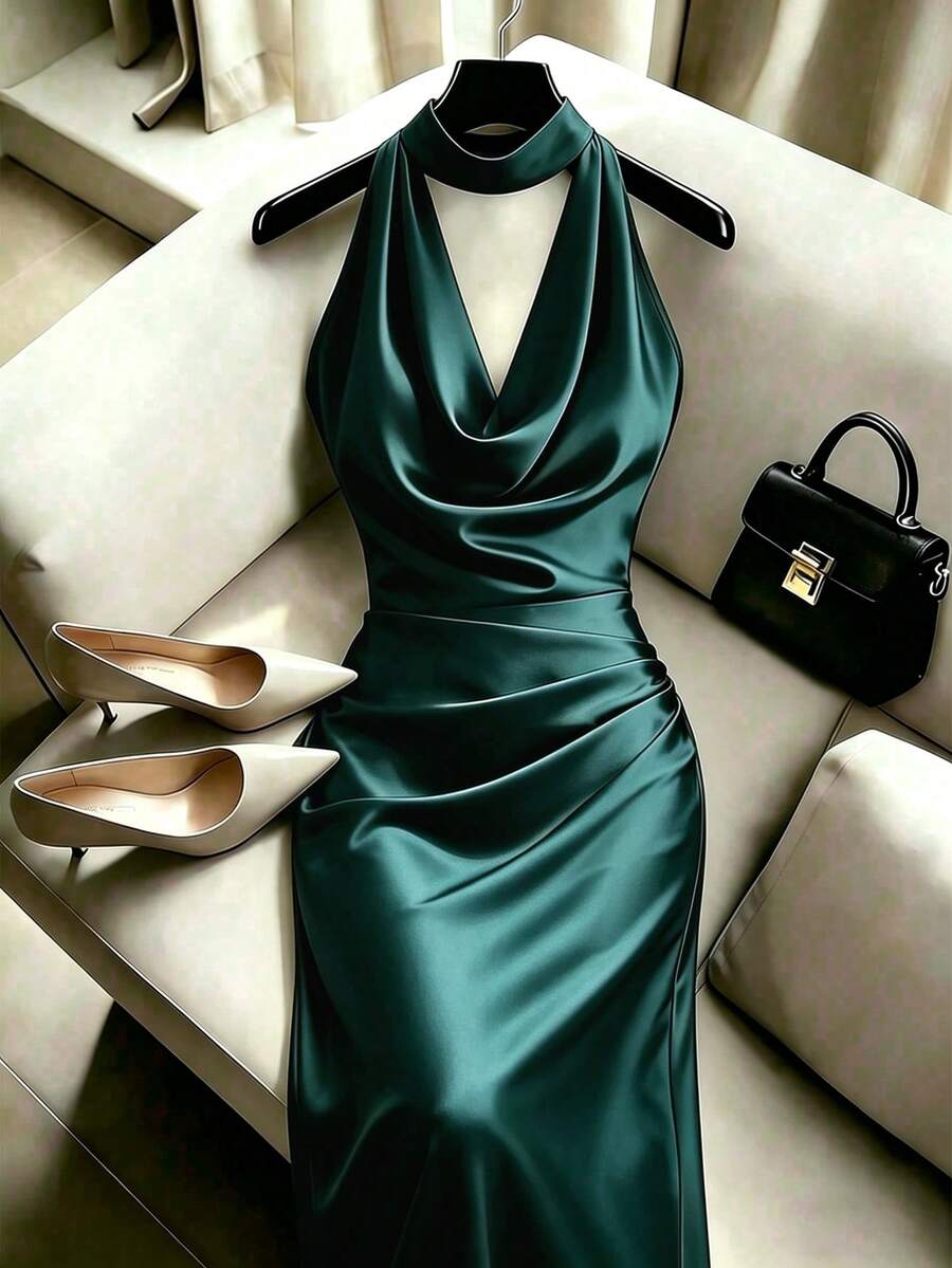 SHEIN Franclia Elegant Solid Color Cowl Neck Backless Halter Dress - Dark Green - View 1