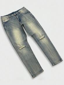 Manfinity EMRG Men's Vintage Washed Blue Distressed Ripped Denim Jeans, Slim Fit Stretch Long Pants - Light Wash - View 4