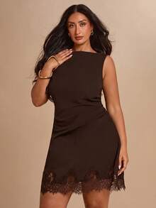 SHEIN BAE CURVE 大尺碼女款黑色蕾絲拼接無袖洋裝 - 棕色 - 查看 6