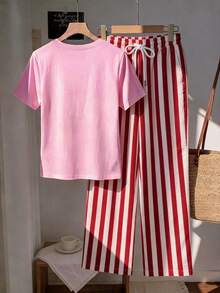 SHEIN EZwear 女款櫻桃印花T恤與條紋長褲兩件套 - 彩色 - 查看 2