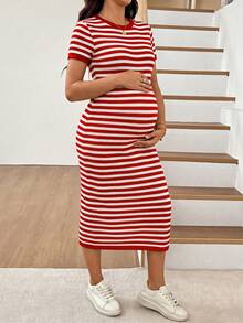 SHEIN Maternity Striped Colorblock Split Hem Casual Daily Summer Dress - Red - View 4