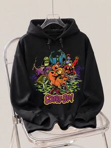 SCOOBY-DOO X SHEIN 大码女式卡通字母印花落肩宽松抽绳卫衣，适合春、秋、冬三季穿着。 - 黑色 - 查看 1