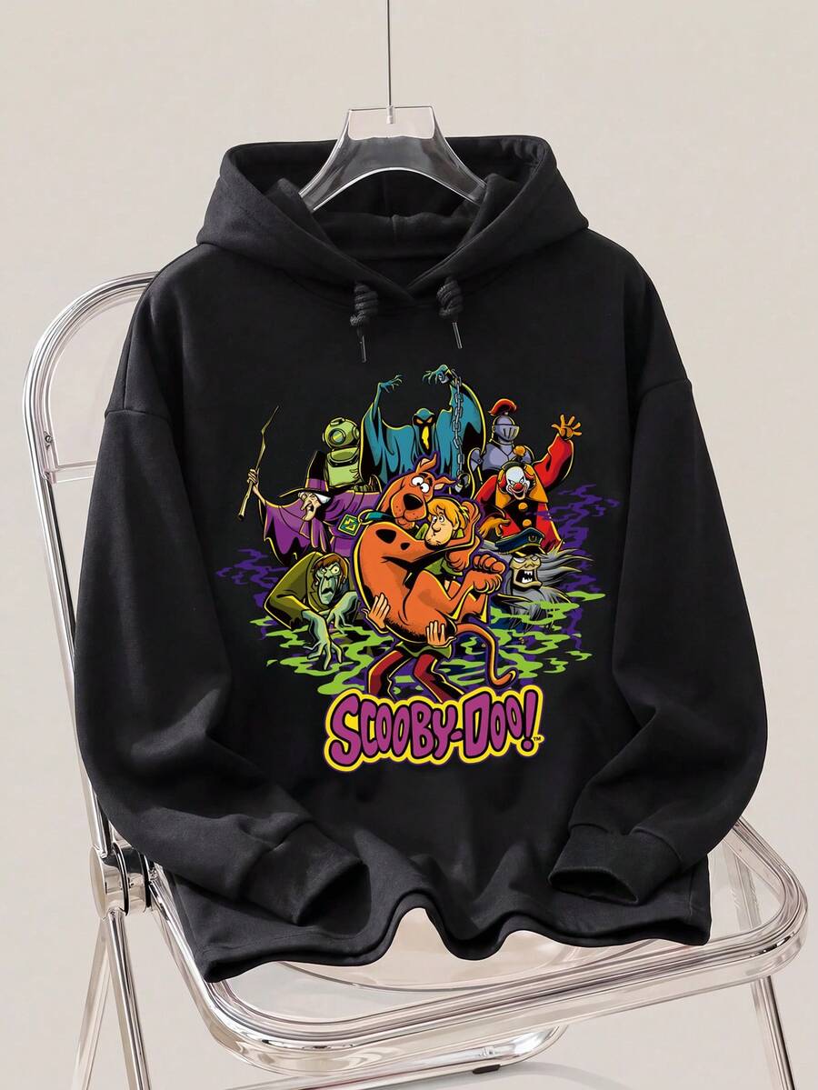 SCOOBY-DOO X SHEIN 大码女式卡通字母印花落肩宽松抽绳卫衣,适合春、秋、冬三季穿着。 - 黑色 - 查看 1