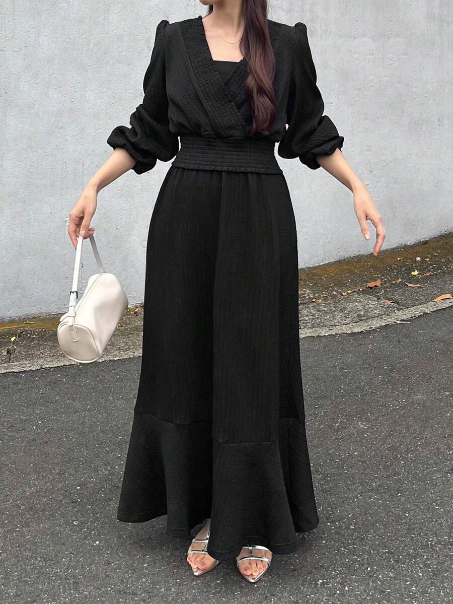 FRIFUL 女款純色百褶上衣與裙子時尚優雅兩件套 晚餐早午餐約會生日黑色秋季居家休閒套裝 - 灰色 - 查看 1