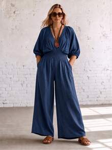 Ceyna Plus Size Fashion Casual Batwing Sleeve Loose Jumpsuit Fall - Blue - View 3