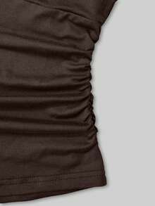 Rovax Deep Brown Lace V-Neck Tie Back Slimming High Waist T-Shirt - Brown - View 7