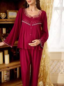 PalaceNights Exquisite Lace Heavy Embroidery Trim Square Neck Long Sleeve Loose Maternity Pajama Set - Burgundy - View 3