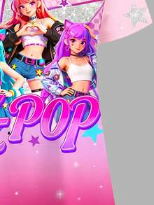 青少年女孩休閒極簡 K-Pop 卡通女孩，彩色漸層，K-Pop 超級明星，卡通女團，短袖中長洋裝，適合夏季 - 彩色 - 查看 5